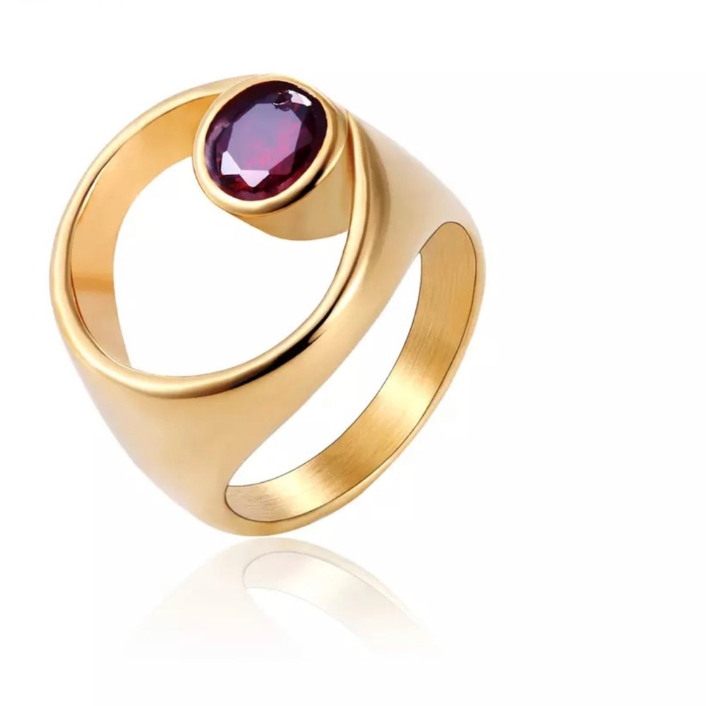 New Stylish Woman Rings Stainless Steel Gold Color Ring Pink Stone 8 size